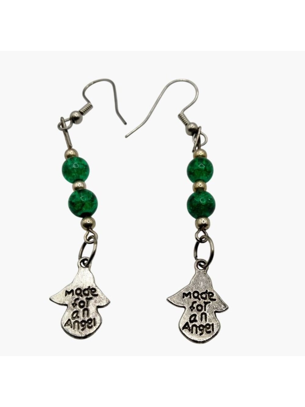 Silver Angel earrings Stamped Made for an Angel Shimmer Green Beads Drop Dangle - Picture 2 of 6